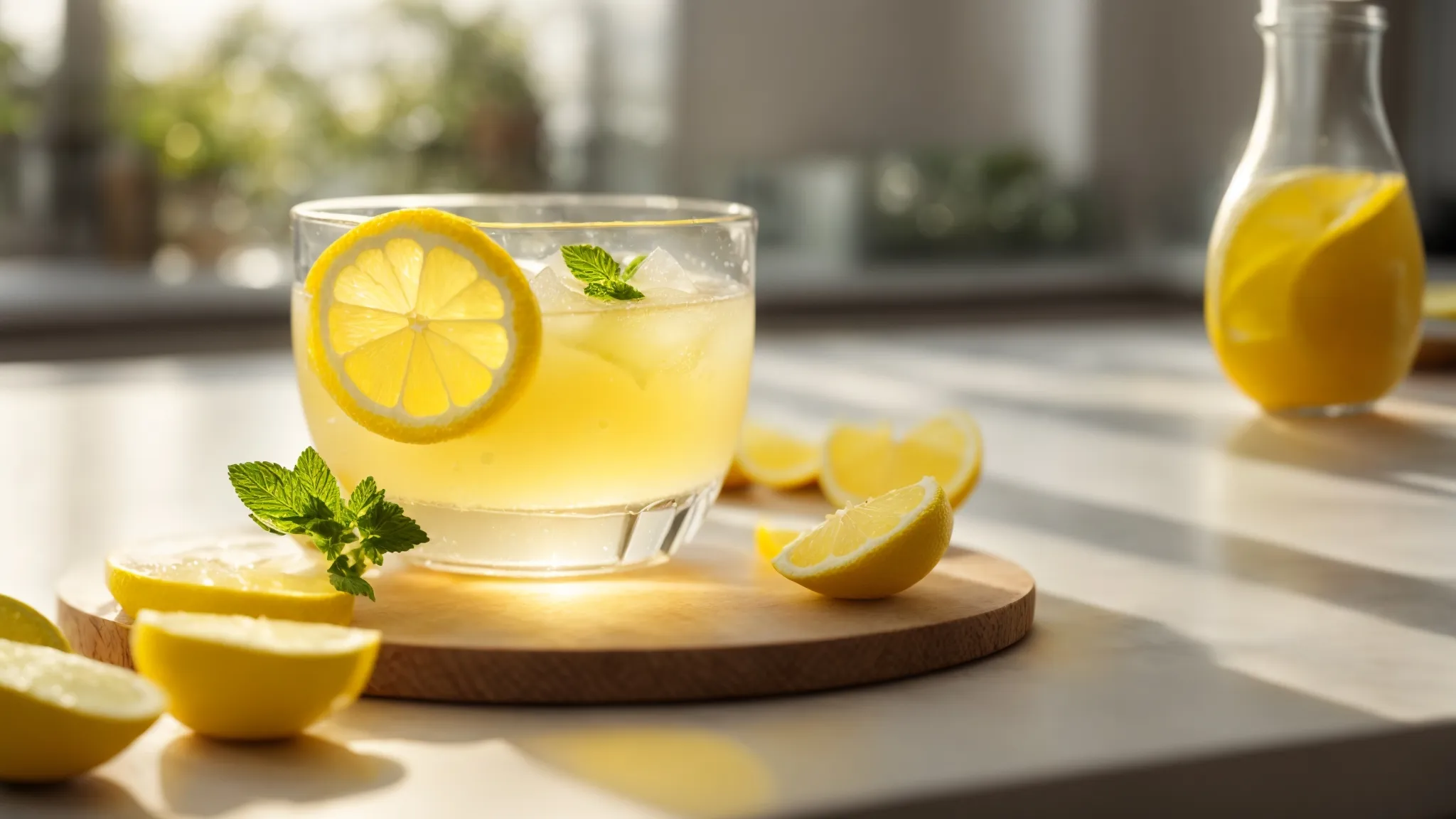 a vibrant, close-up scene of a refreshing electrolyte drink being prepared, featuring a crystal-clear glass filled with bright yellow lemon slices and a sprinkle of stevia, set against a soft, naturally lit background that evokes a sense of vitality and health.