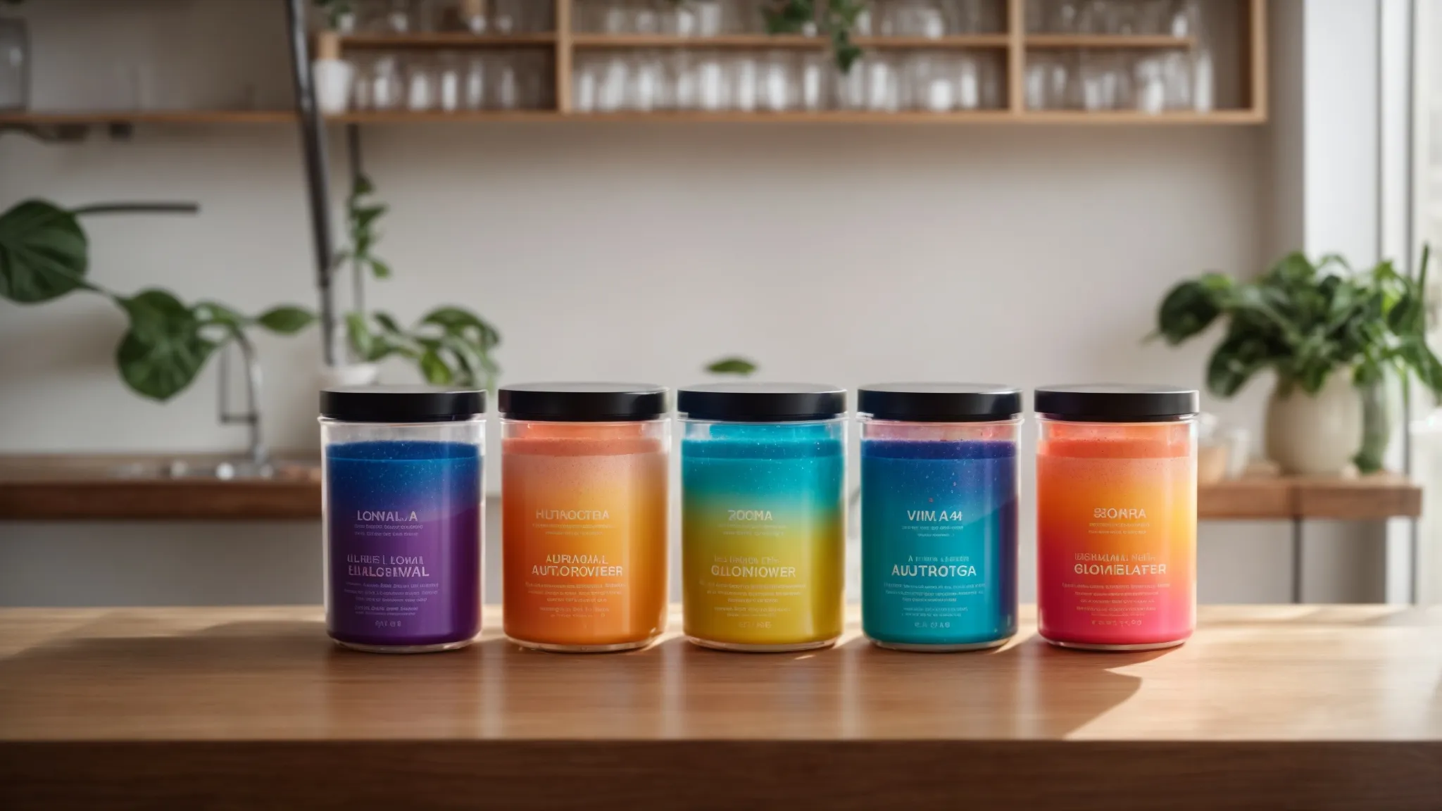 a vibrant display of an assortment of bulk electrolyte powders, featuring distinct categories from budget-friendly to premium flavors, arranged in clear containers on a clean, wooden surface, illuminated by natural light to emphasize their colorful packaging and nutritional benefits.