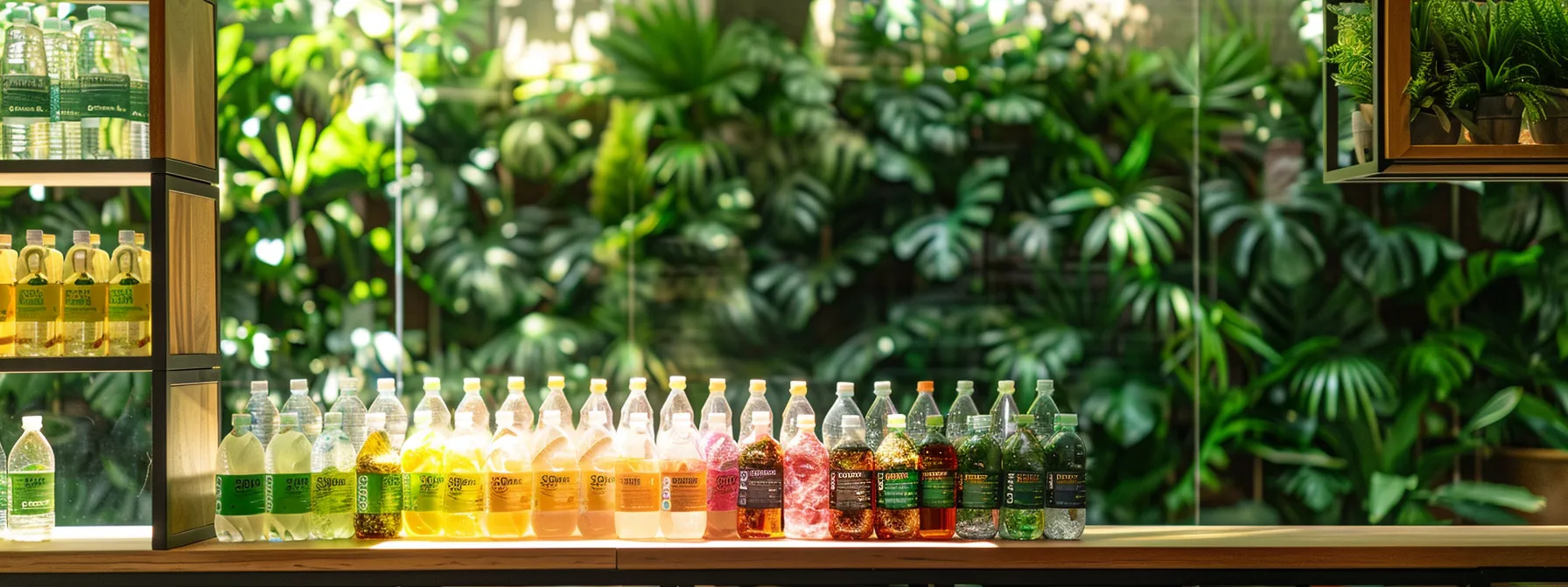 a vibrant display of bulk energy hydration products arranged aesthetically against a backdrop of lush greenery, symbolizing cost efficiency and eco-friendliness, with soft, natural lighting that enhances the fresh, inviting appeal.