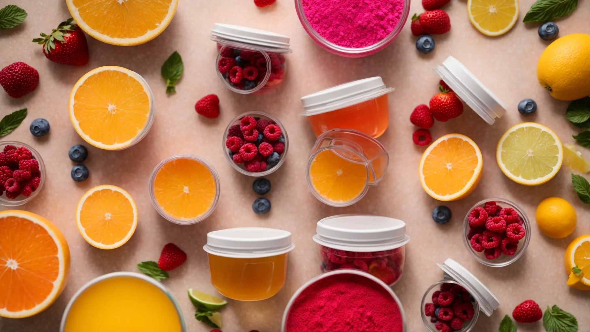 a vibrant display of colorful electrolyte powders in clear containers, surrounded by fresh fruits and hydration elements, illuminated by soft natural light to convey vitality and health benefits.