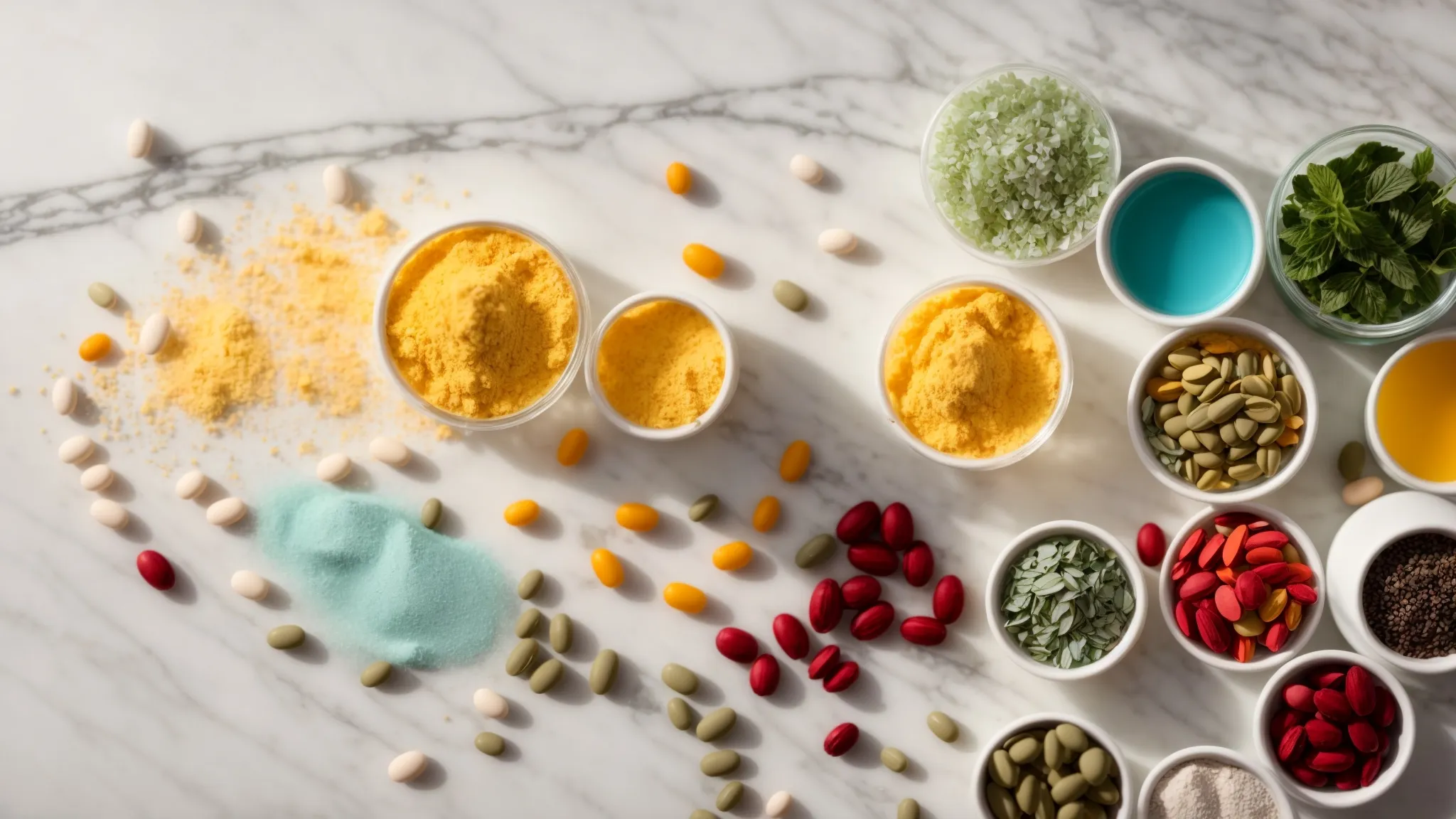a vibrant display of colorful health supplement ingredients arranged artfully on a marble countertop, illuminated by soft, natural light, conveying a sense of transparency and quality in the health supplement industry.