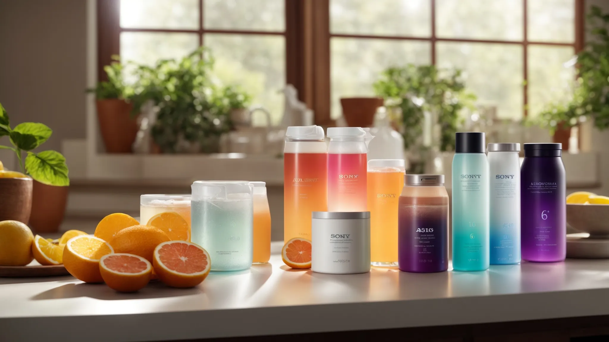 a vibrant still life featuring high-end electrolyte products arranged artfully, accentuated by natural light, highlighting the gleaming textures of the premium ingredients like potassium chloride, symbolizing the connection between quality and value in hydration.