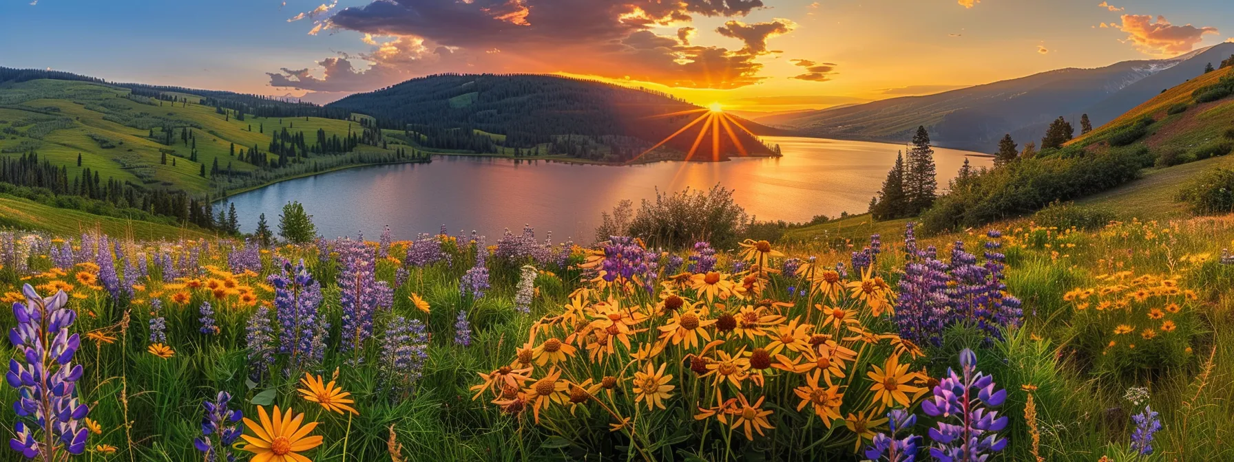 a vibrant sunset casts a golden glow over a tranquil lake, where colorful wildflowers frame the serene waters, creating a harmonious blend of nature’s beauty.