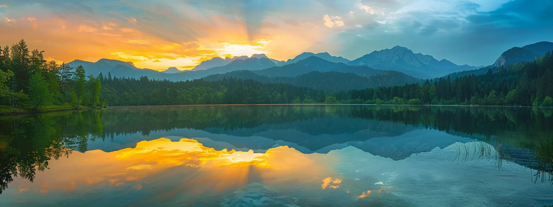 a vibrant sunset casts a golden hue over a tranquil lake, reflecting the surrounding mountains and lush greenery, evoking serenity and natural beauty.