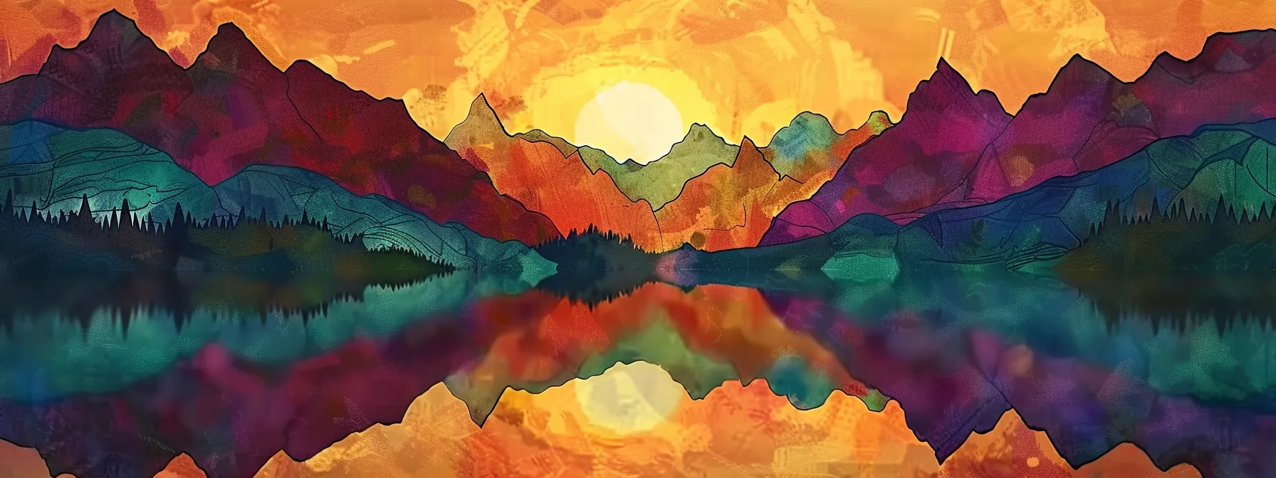 a vibrant sunset casts a golden hue over a tranquil lake, reflecting the silhouette of majestic mountains against a deepening twilight sky.