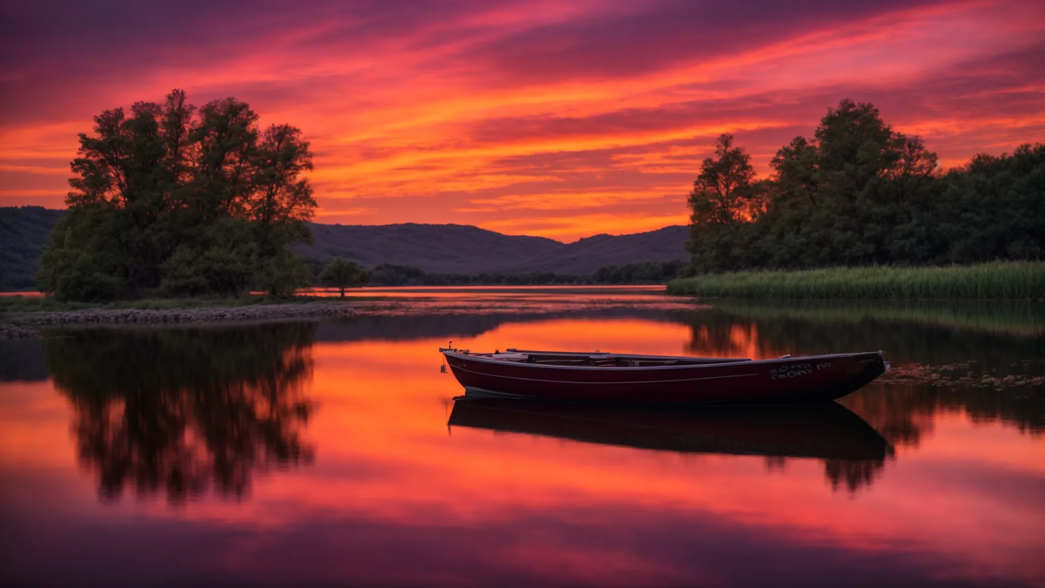 a vibrant sunset casts a warm glow over a serene lake, where the still water reflects the fiery hues of orange, pink, and purple clouds above, creating a tranquil and picturesque atmosphere.